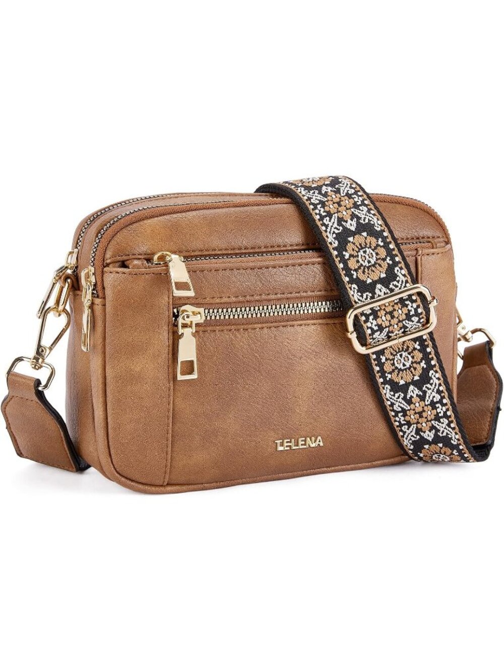 Women's Camel Brown Vegan Leather Purse Adjustable Wide Strap Crossbody Bag